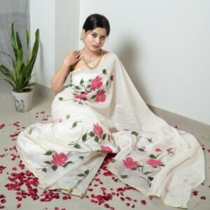 Roses Hand-painted Pure Chanderi Silk by Cotton Saree