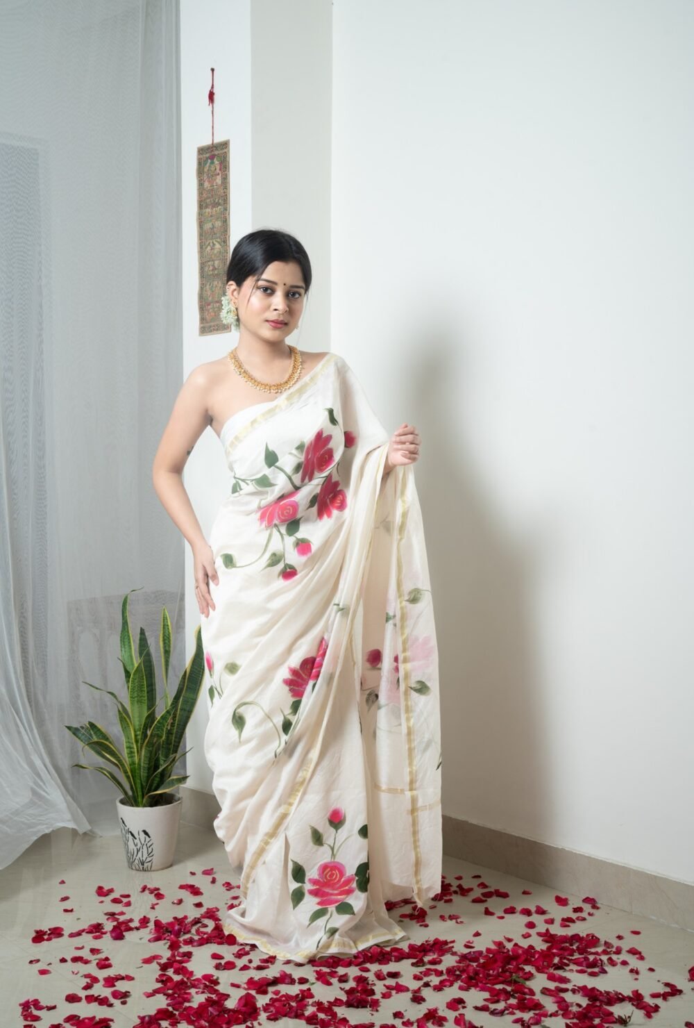 Roses Hand-painted Pure Chanderi Silk by Cotton Saree - Image 2