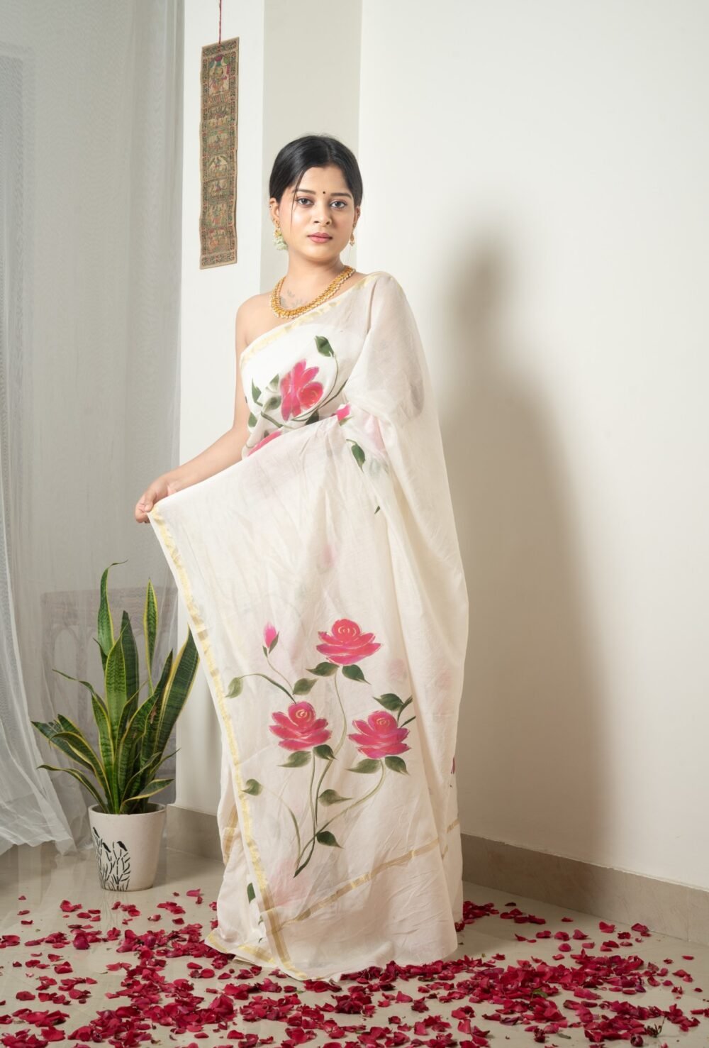 Roses Hand-painted Pure Chanderi Silk by Cotton Saree - Image 3