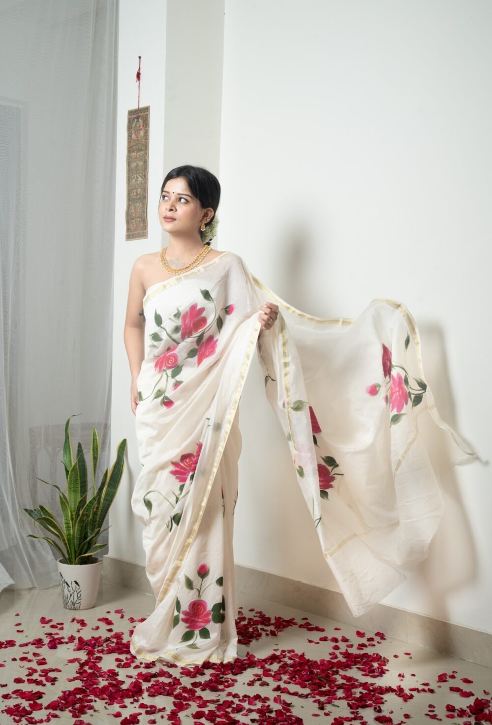 Roses Hand-painted Pure Chanderi Silk by Cotton Saree - Image 4