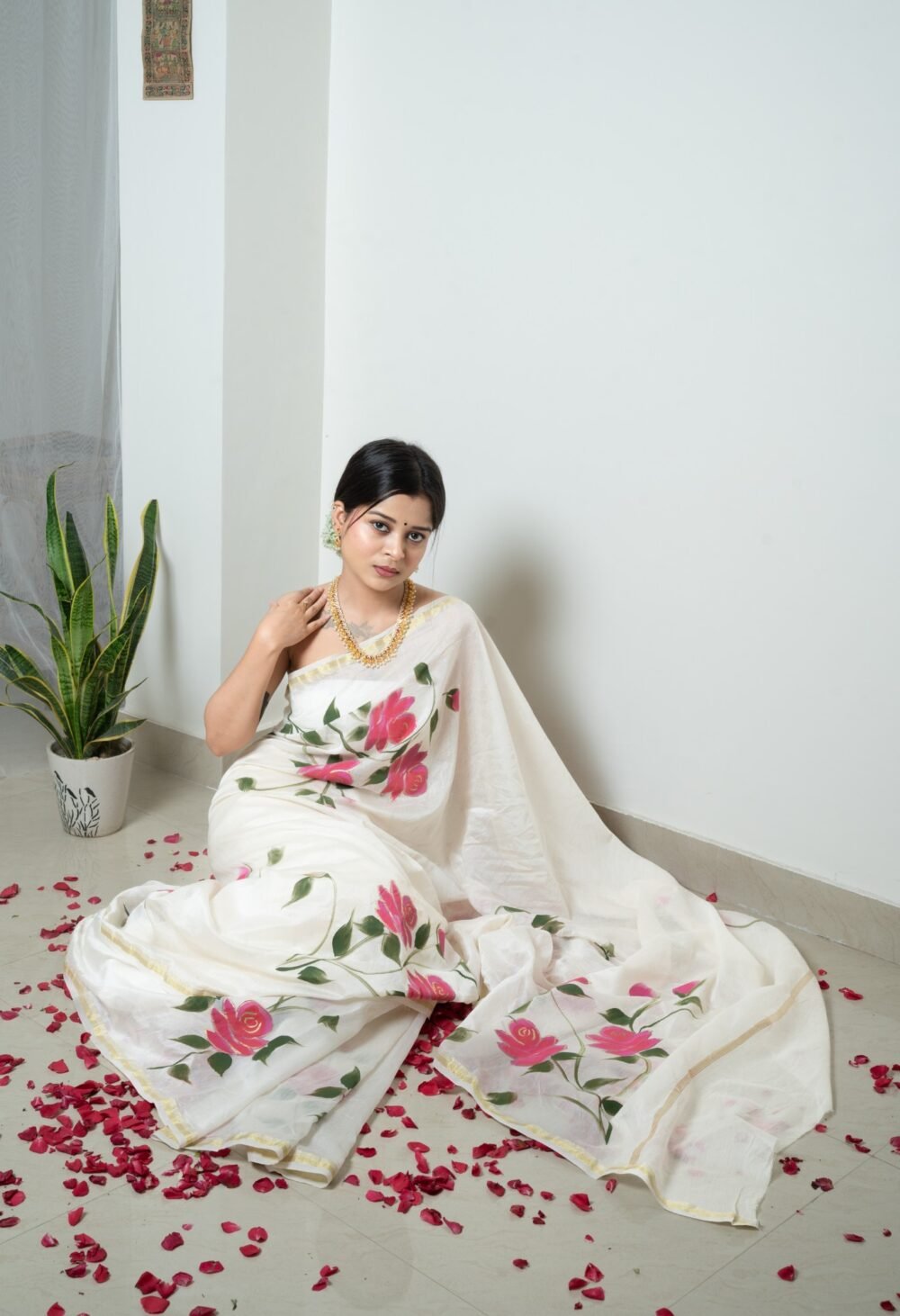 Roses Hand-painted Pure Chanderi Silk by Cotton Saree - Image 7