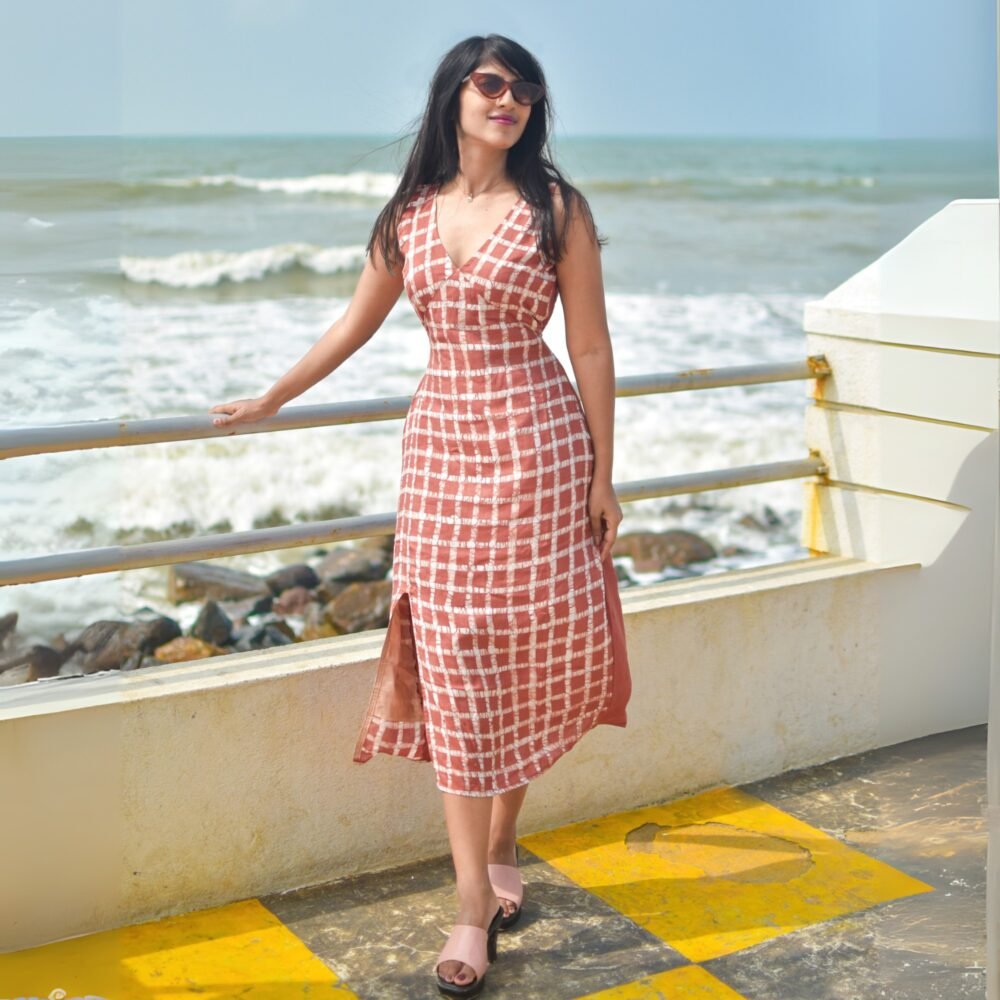 Brown Checks Hand-painted Batik Art Silk Cotton Dress