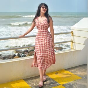 Brown Checks Hand-painted Batik Art Silk Cotton Dress