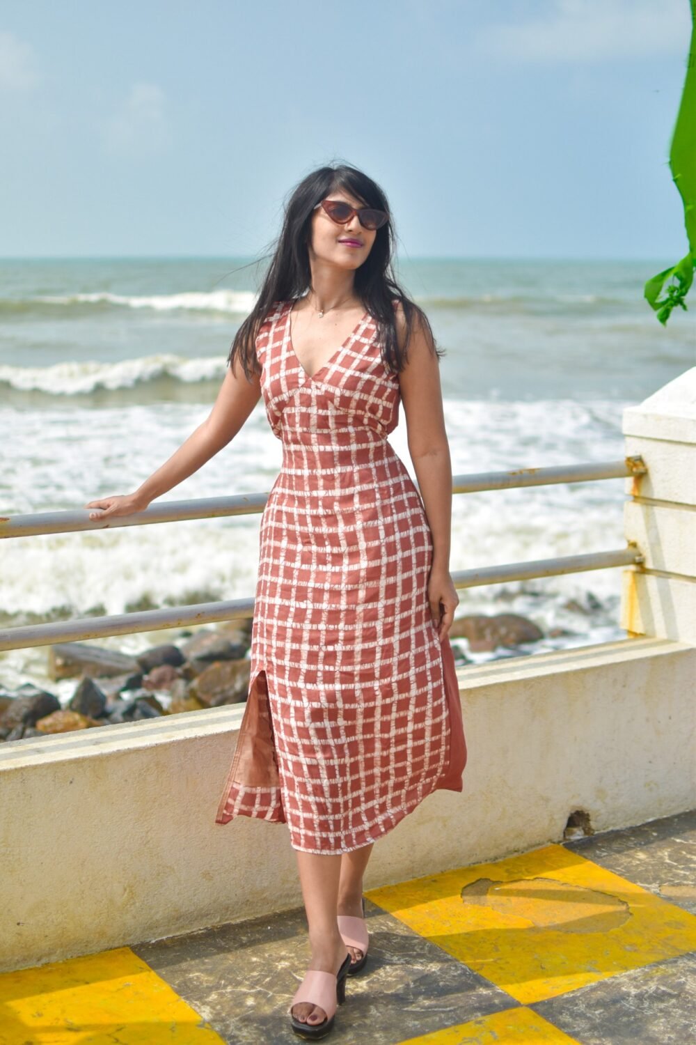 Brown Checks Hand-painted Batik Art Silk Cotton Dress - Image 2