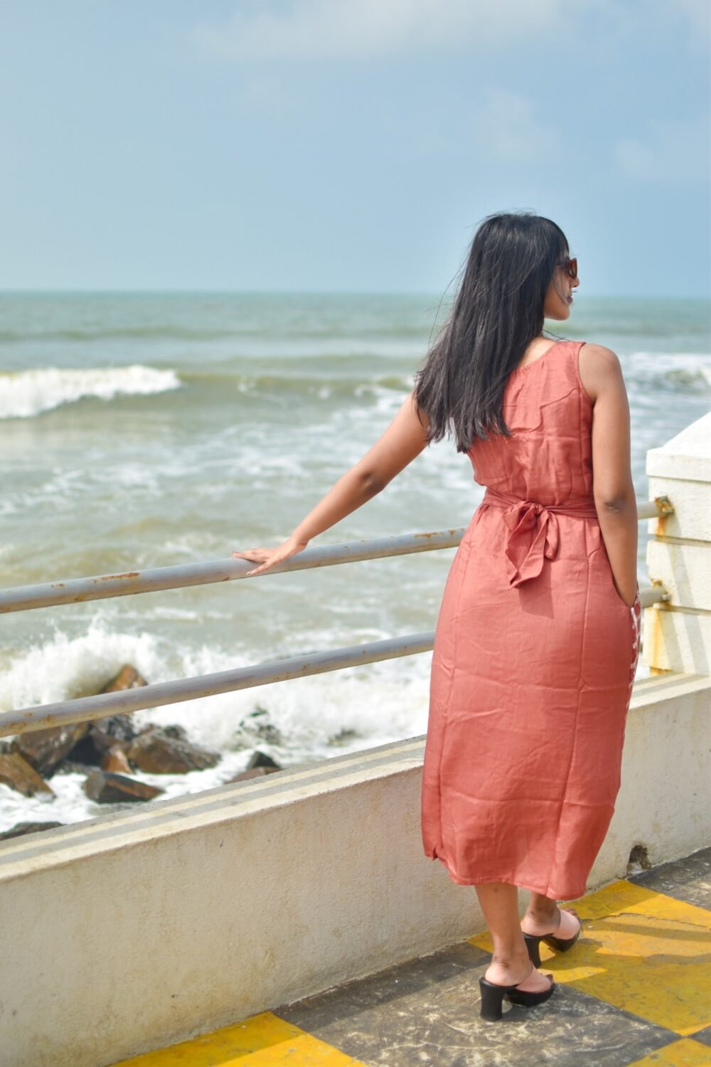 Brown Checks Hand-painted Batik Art Silk Cotton Dress - Image 3