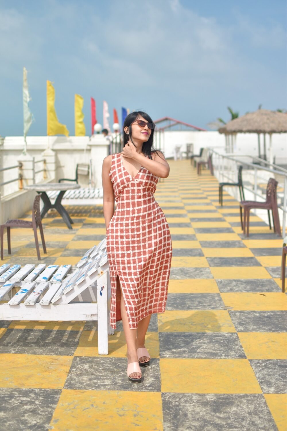Brown Checks Hand-painted Batik Art Silk Cotton Dress - Image 4