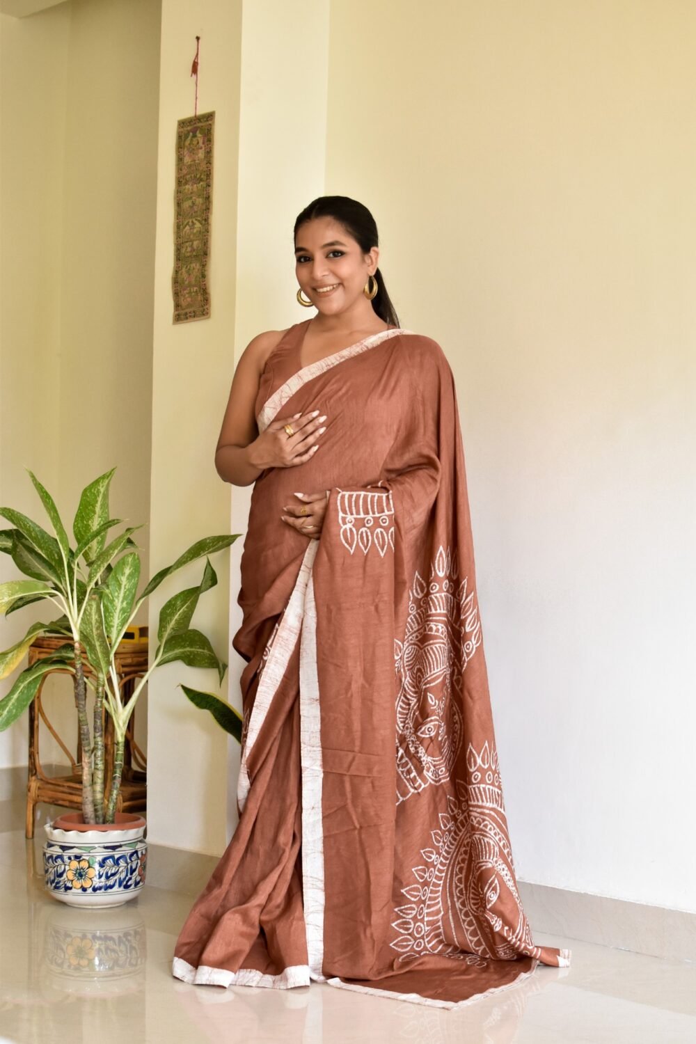 Durga Chhau Art Hand-painted Batik in Silk Saree (Brown) - Image 2