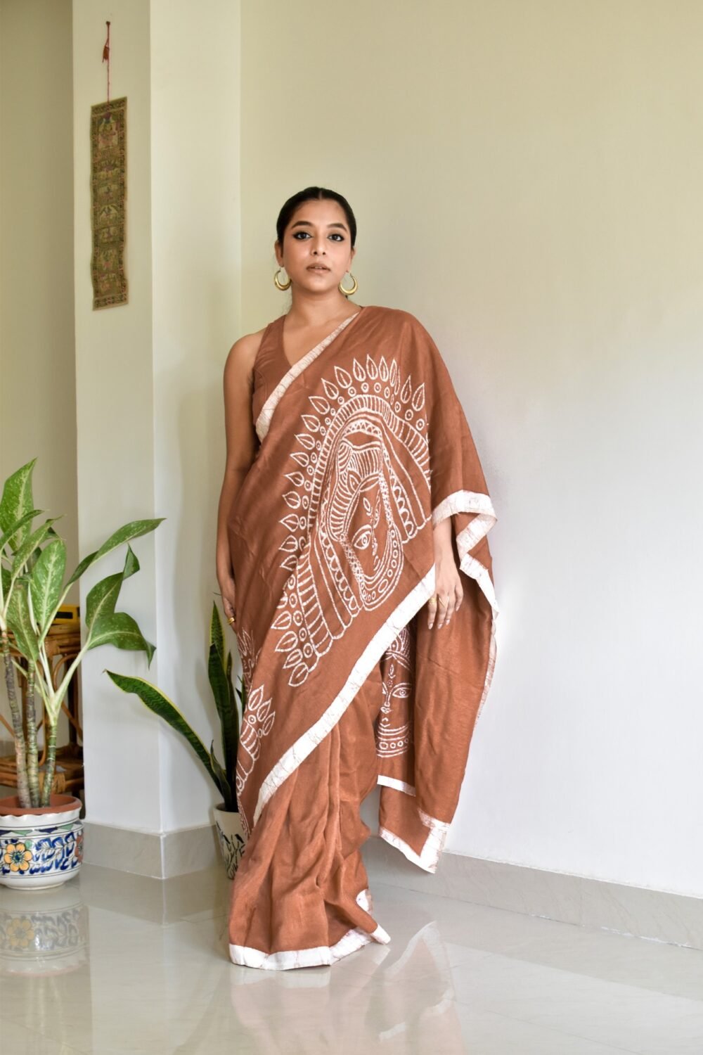 Durga Chhau Art Hand-painted Batik in Silk Saree (Brown) - Image 4