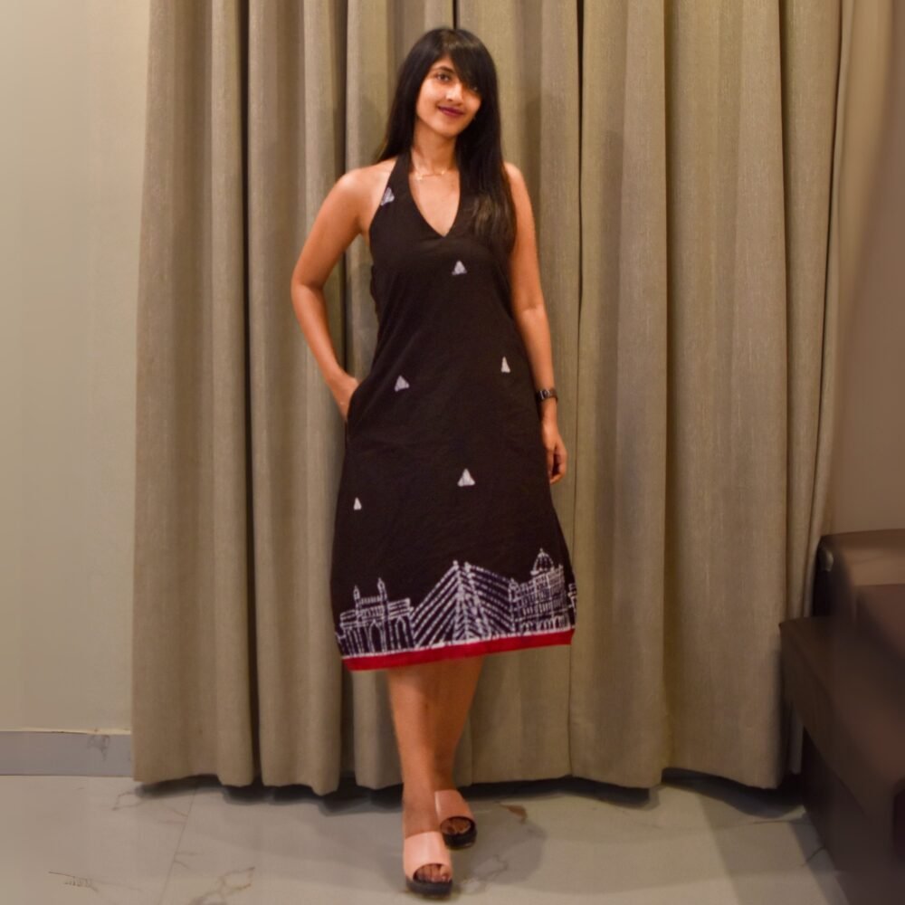 Mumbai Skyline Handpainted Batik Art Pure Cotton Backless Dress