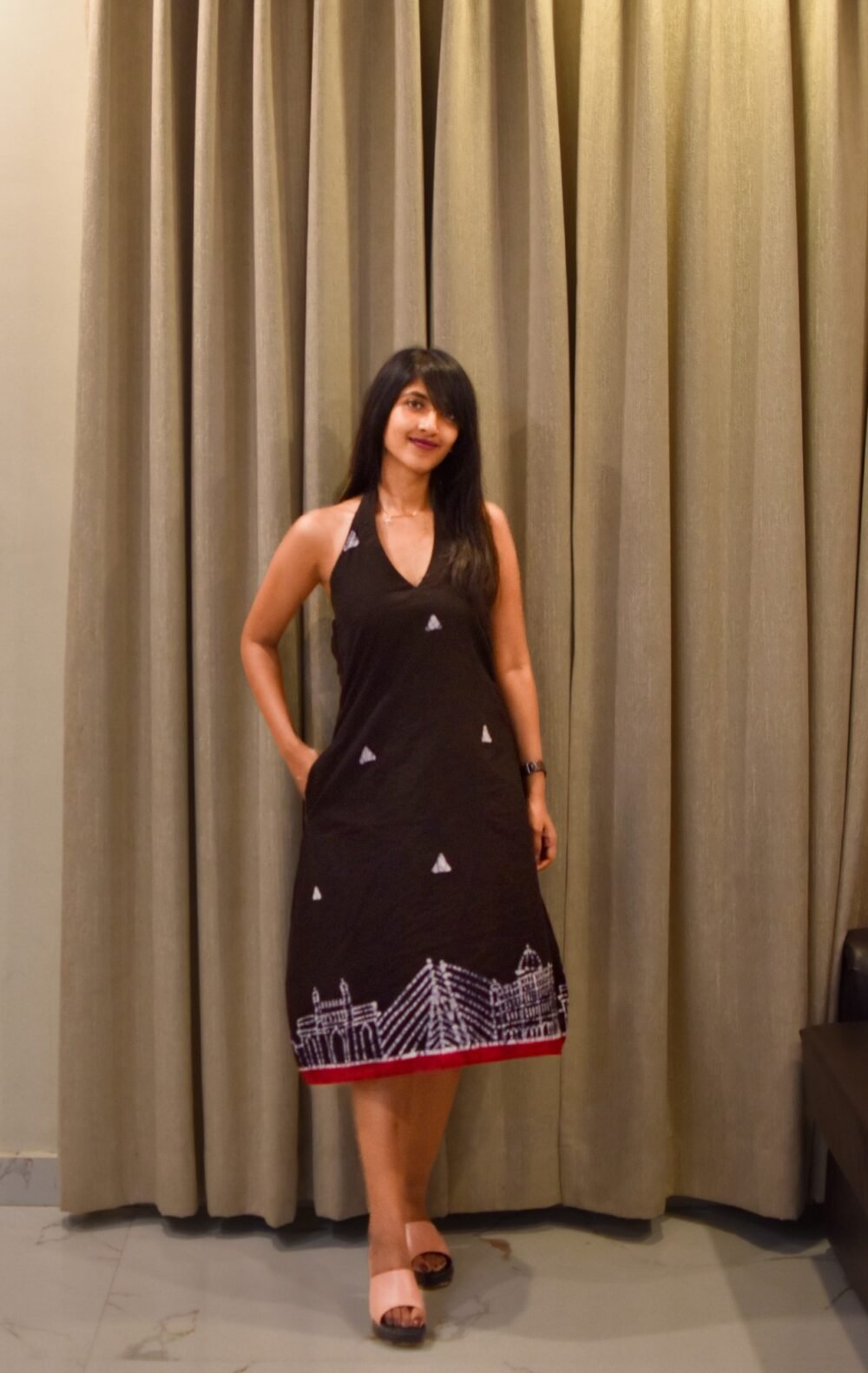 Mumbai Skyline Handpainted Batik Art Pure Cotton Backless Dress - Image 2