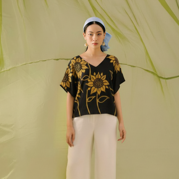Black Sunflower Batik in Pure Cotton Short Kaftan Top