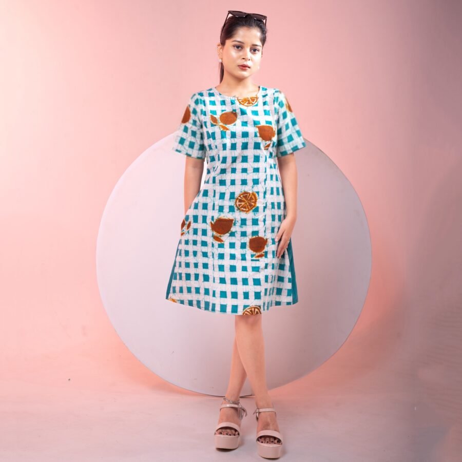 Box Check Hand batik Pure Cotton Short Sleeves Dress