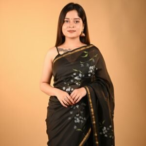 Floral Hand Painted Pure Silk Chanderi Black Saree with BP