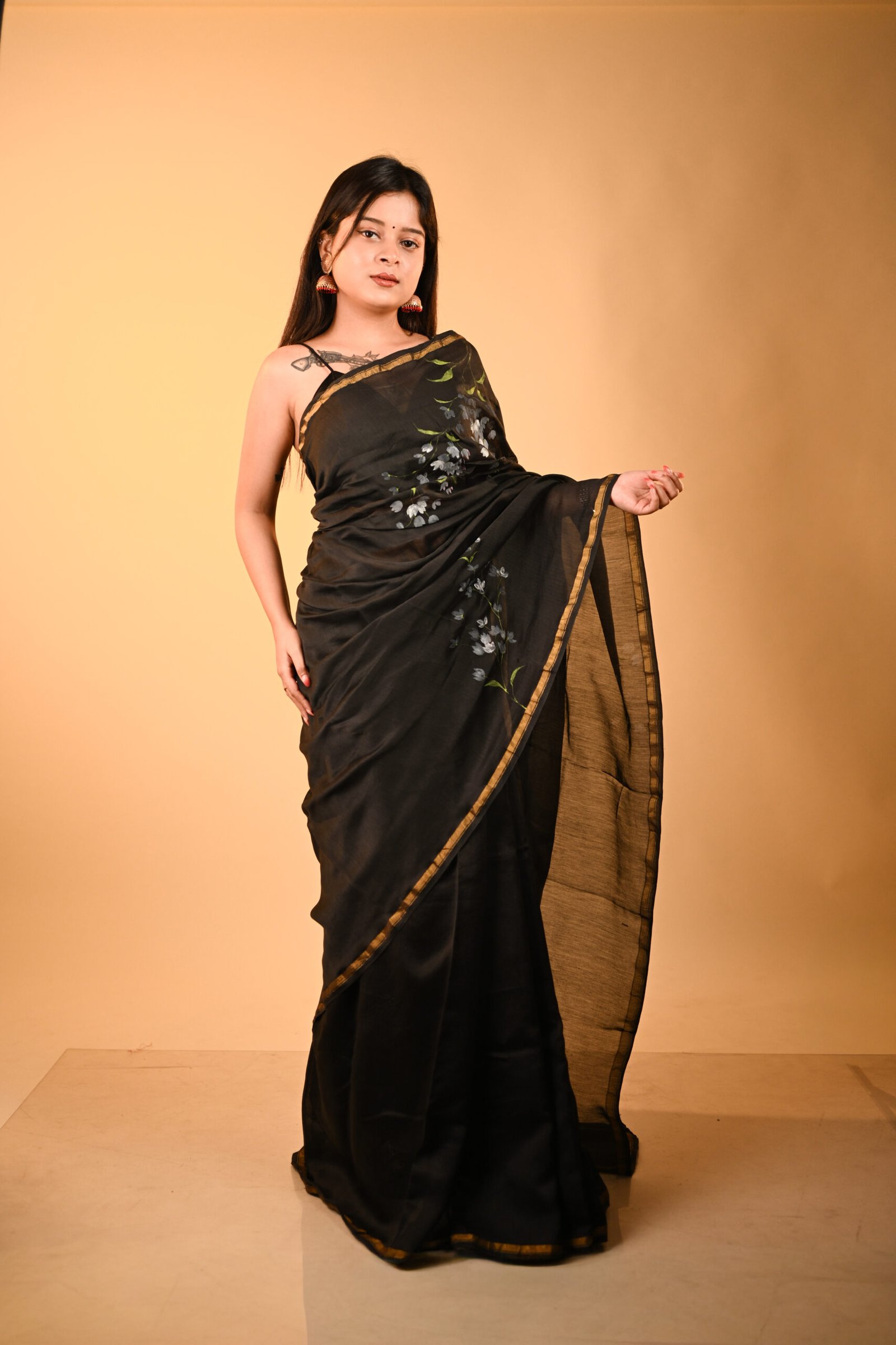 Floral Hand Painted Pure Silk Chanderi Black Saree with BP - Image 2