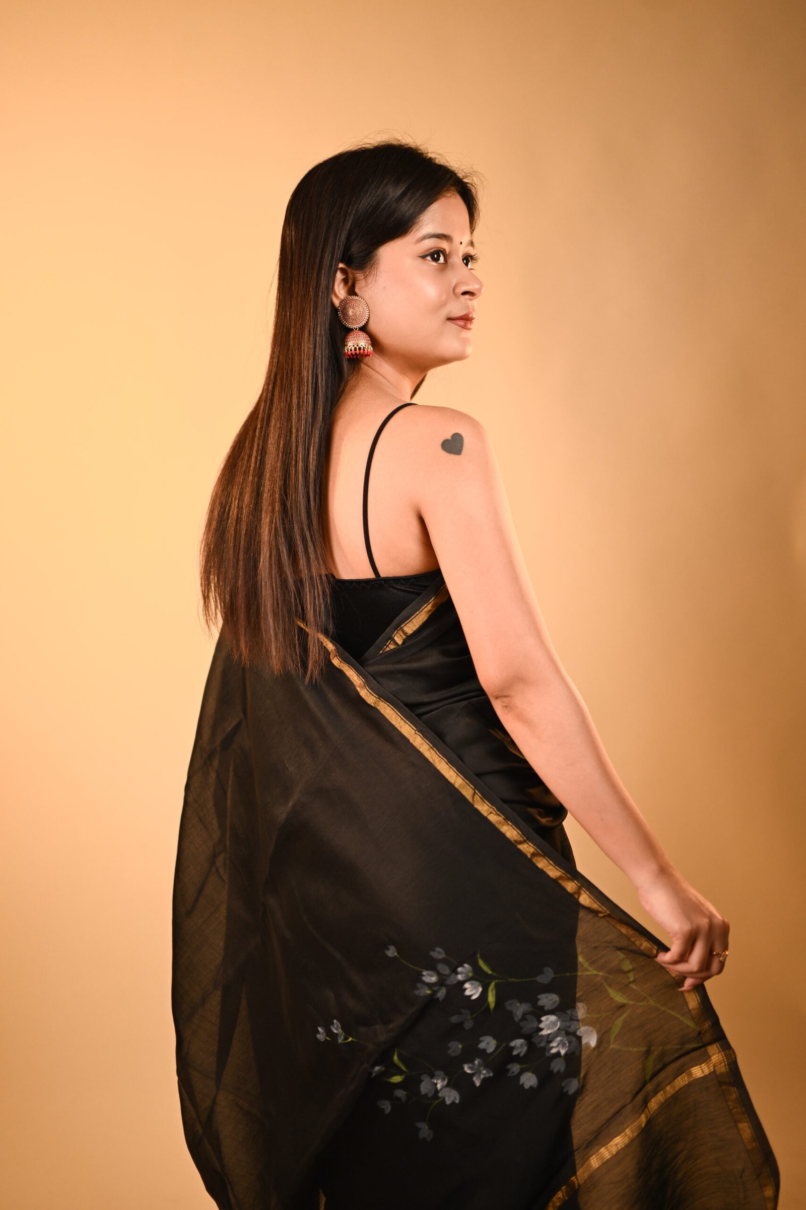 Floral Hand Painted Pure Silk Chanderi Black Saree with BP - Image 3