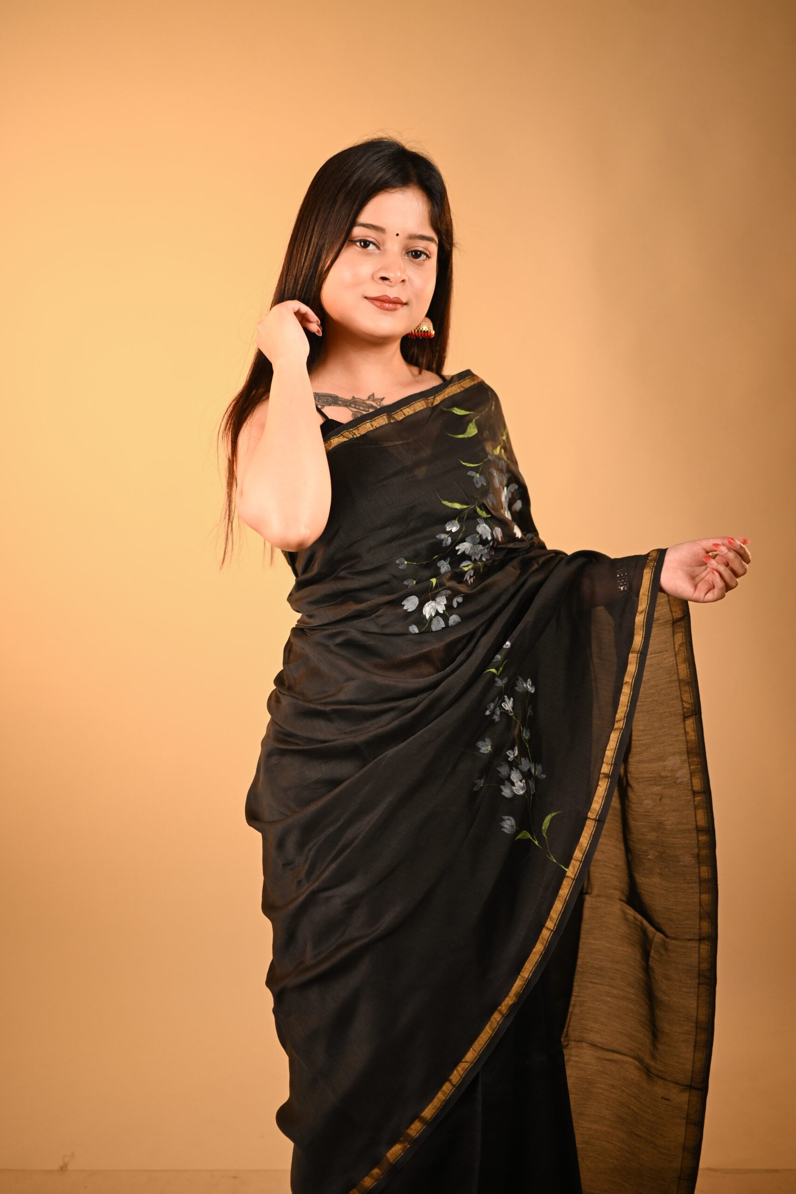 Floral Hand Painted Pure Silk Chanderi Black Saree with BP - Image 4