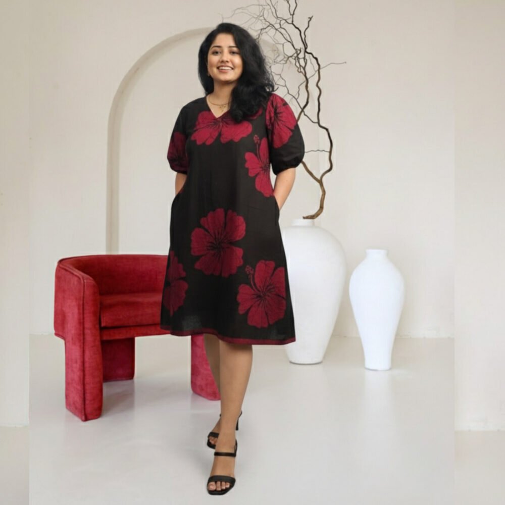 Hibiscus Black Hand Batik Art Pure Cotton Sleeves Dress