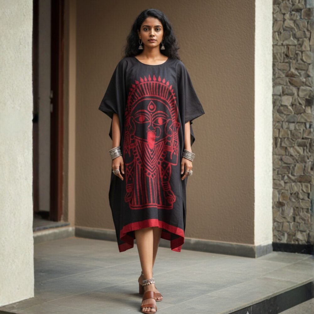 Kaali Red Handpainted Batik Art Pure Cotton Kaftan