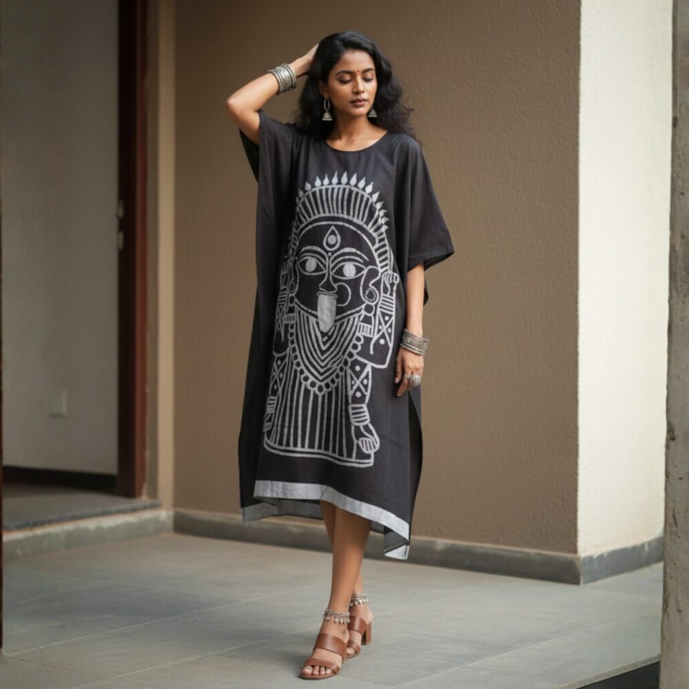 Kaali White Handpainted Batik Art Pure Cotton Kaftan