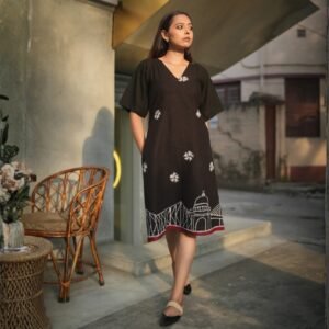 Kolkata Batik Art Pure Cotton Black Sleeves Dress