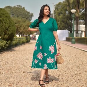 Lotus Garden Silk Batik Art Belt Dress with Sleeves