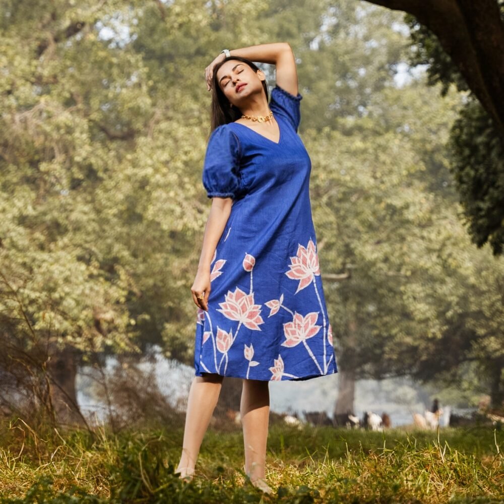 Lotus Pond Silk Batik Art Dress with Sleeves