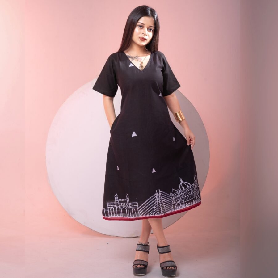 Mumbai Batik Art Pure Cotton Black Shirt Sleeves Dress