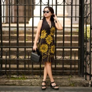 Sunflowers Batik Art Pure Cotton Black Belt Dress