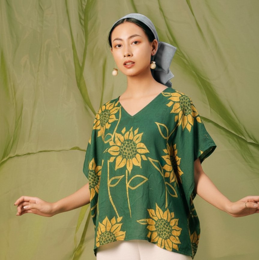 Sunflowers Green Cotton Silk Batik Art Short Kaftan