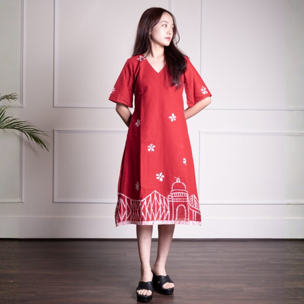 Kolkata Red Hand Batik Pure Cotton Dress With Sleeves