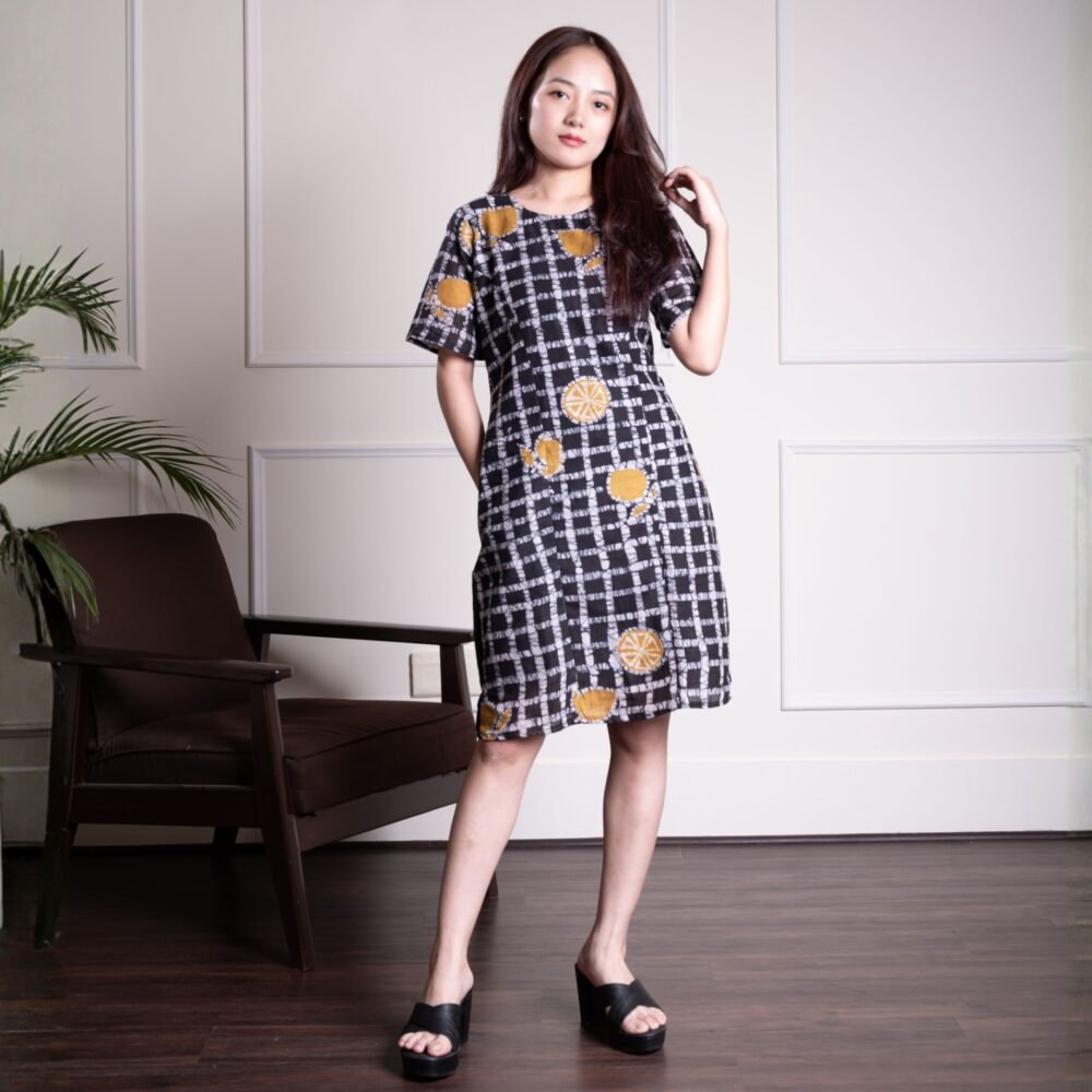 Black Checks Hand Batik Pure Cotton Short Dress Sleeves