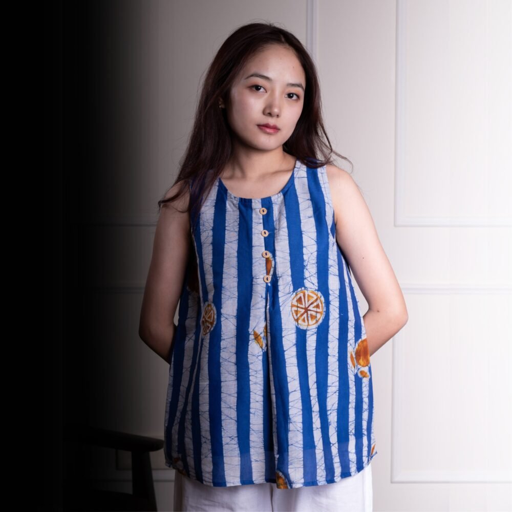 Blue Stripes Hand Batik Sleeveless Pure Cotton Top