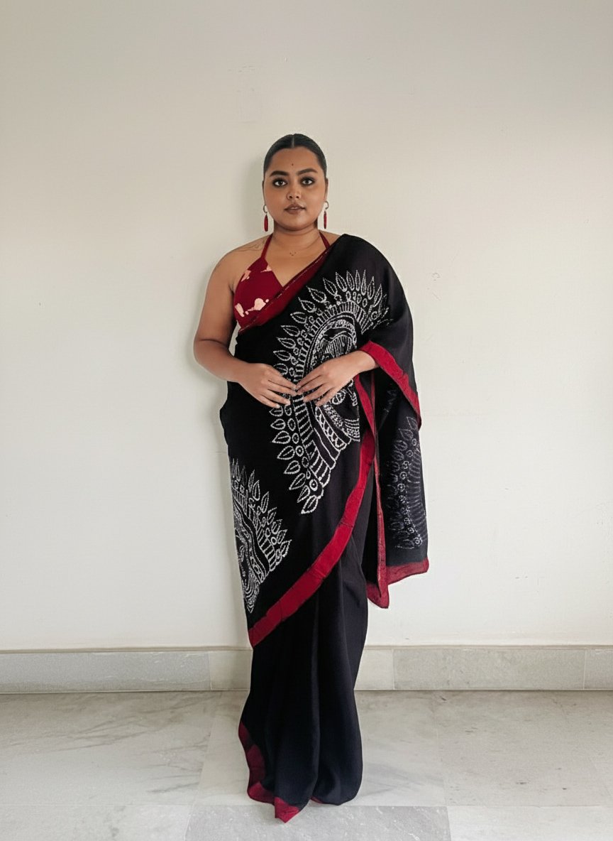 Chhau Batik Art in Silk Black Saree - Image 4