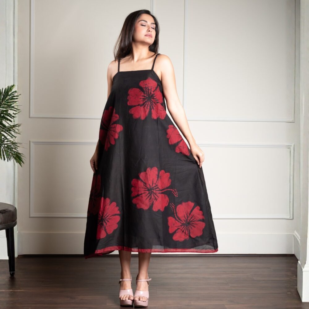 Hibiscus Black Hand Batik Pure Cotton Strappy Dress