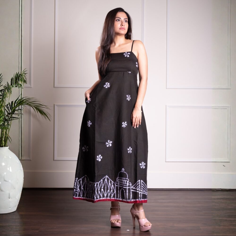 Kolkata Black Hand Batik Pure Cotton Strappy Long Dress