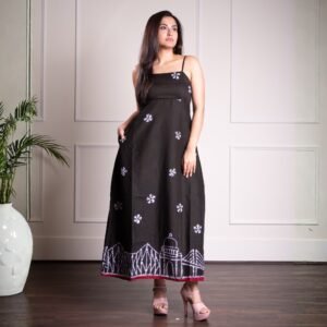 Kolkata Black Hand Batik Pure Cotton Strappy Long Dress