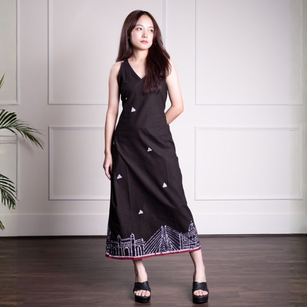 Mumbai Hand Batik Pure Cotton Black Long Belt Dress