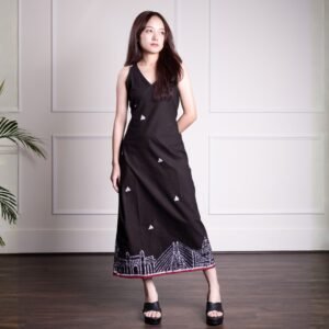 Mumbai Hand Batik Pure Cotton Black Long Belt Dress