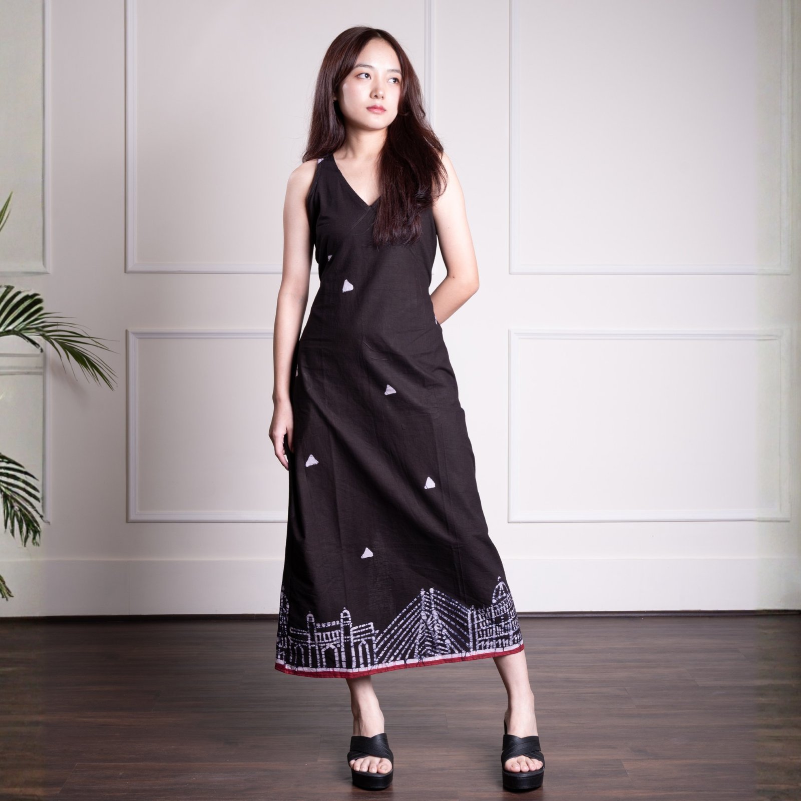 Mumbai Hand Batik Pure Cotton Black Long Belt Dress
