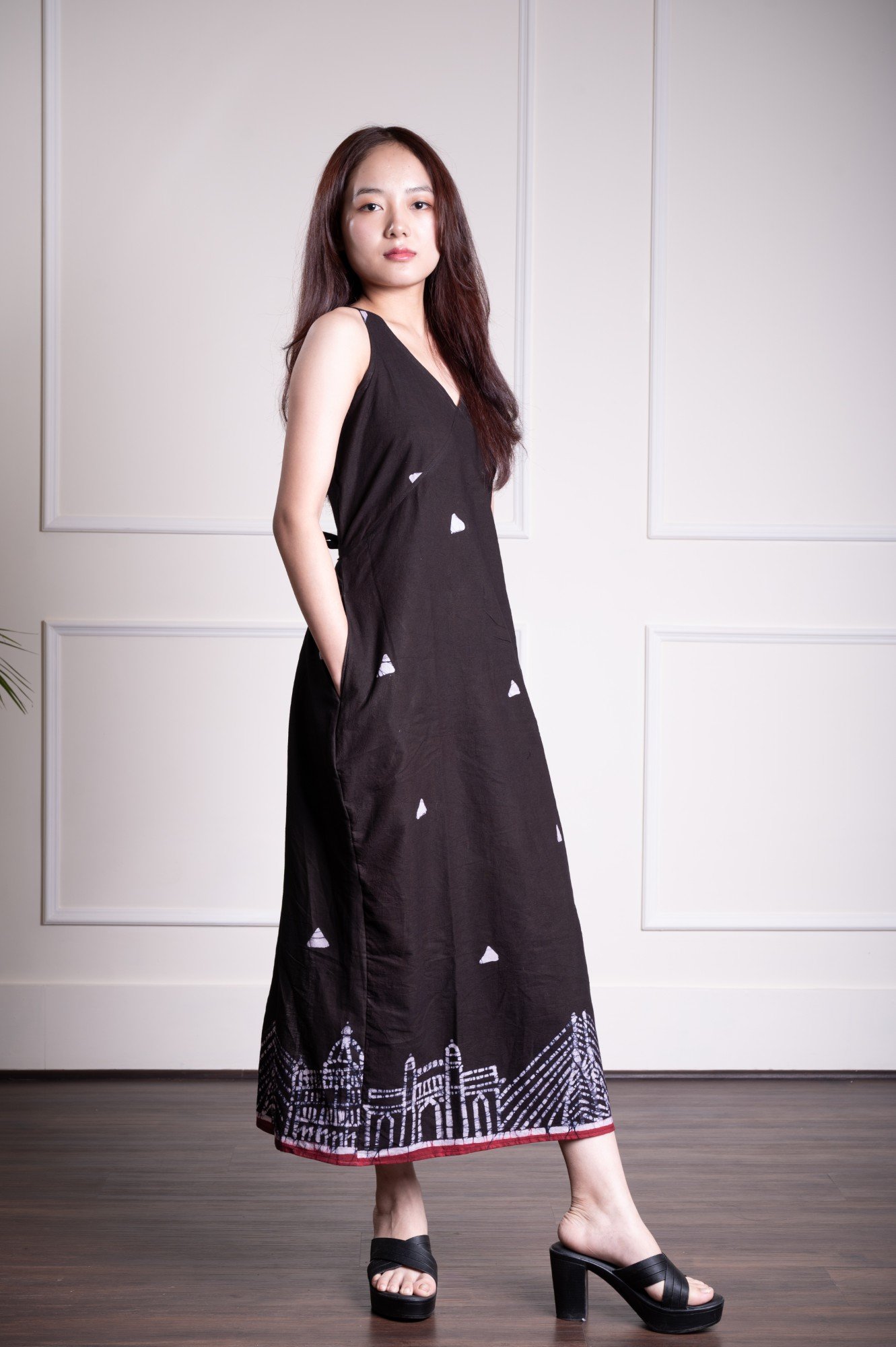 Mumbai Hand Batik Pure Cotton Black Long Belt Dress - Image 2