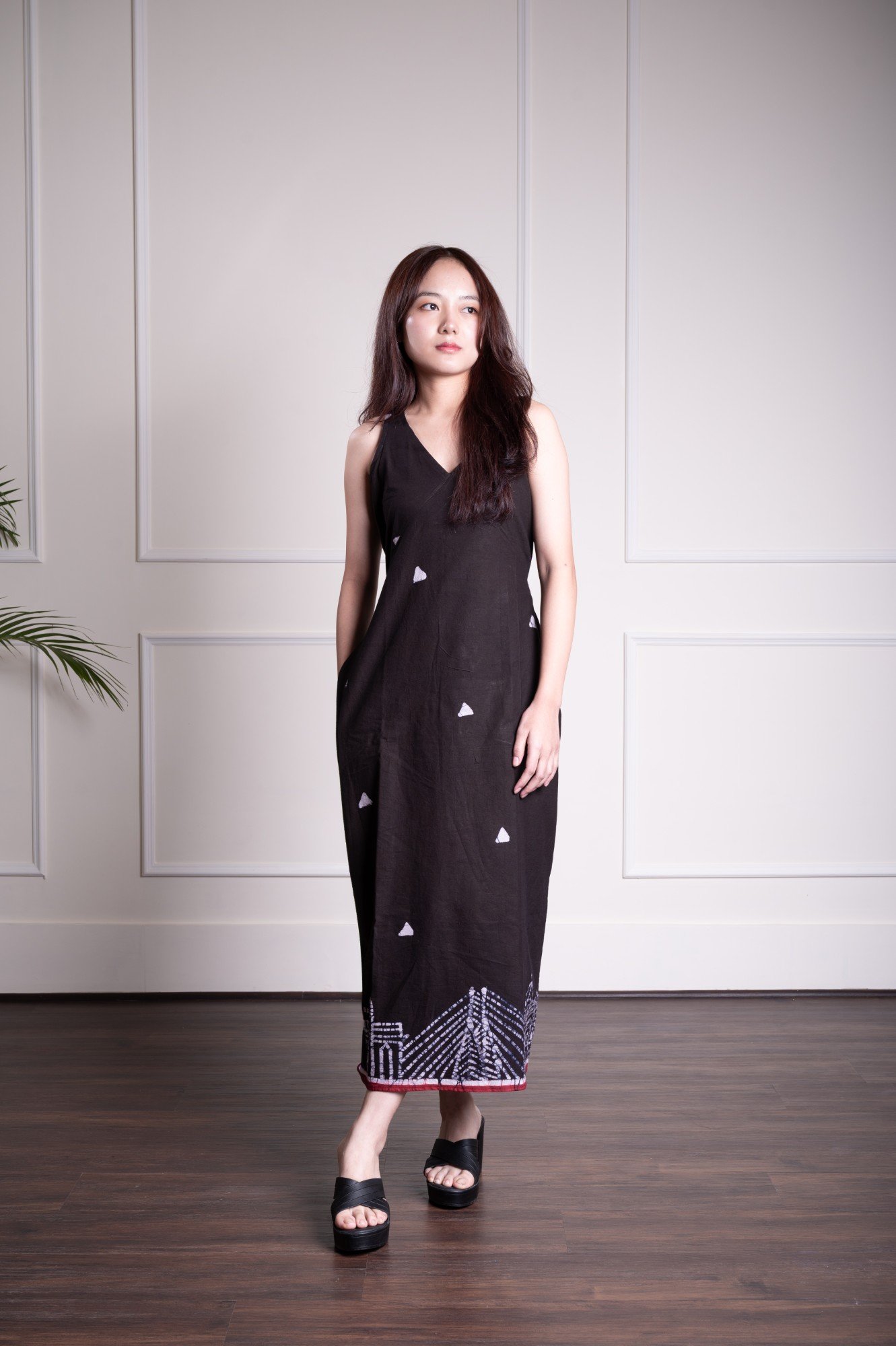 Mumbai Hand Batik Pure Cotton Black Long Belt Dress - Image 5