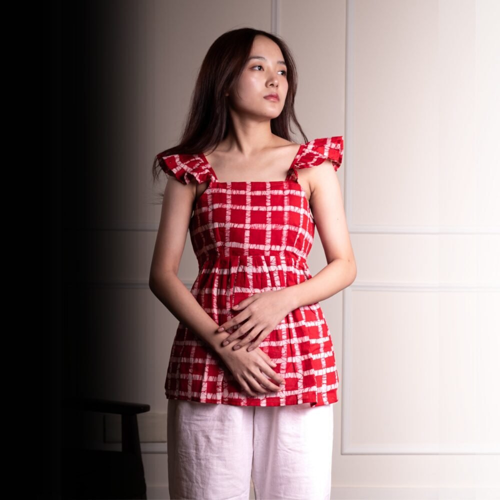 Red Checks Julie Hand Batik Belt Pure Cotton Top