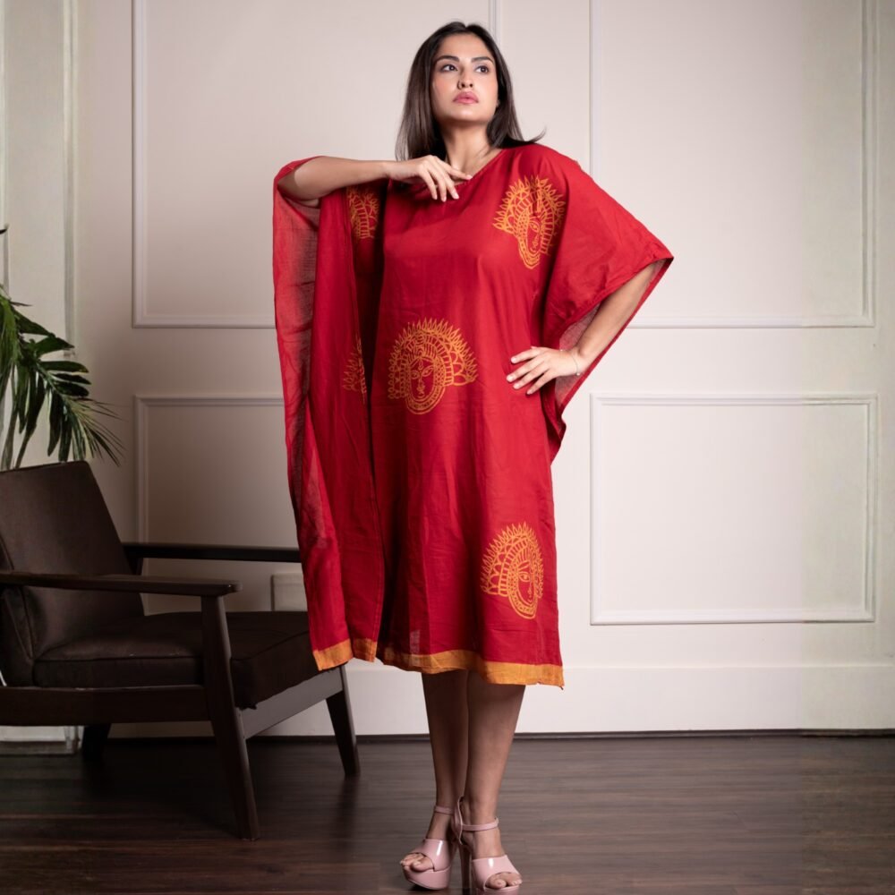 Red Chhau Masks Hand Batik Pure Cotton Kaftan