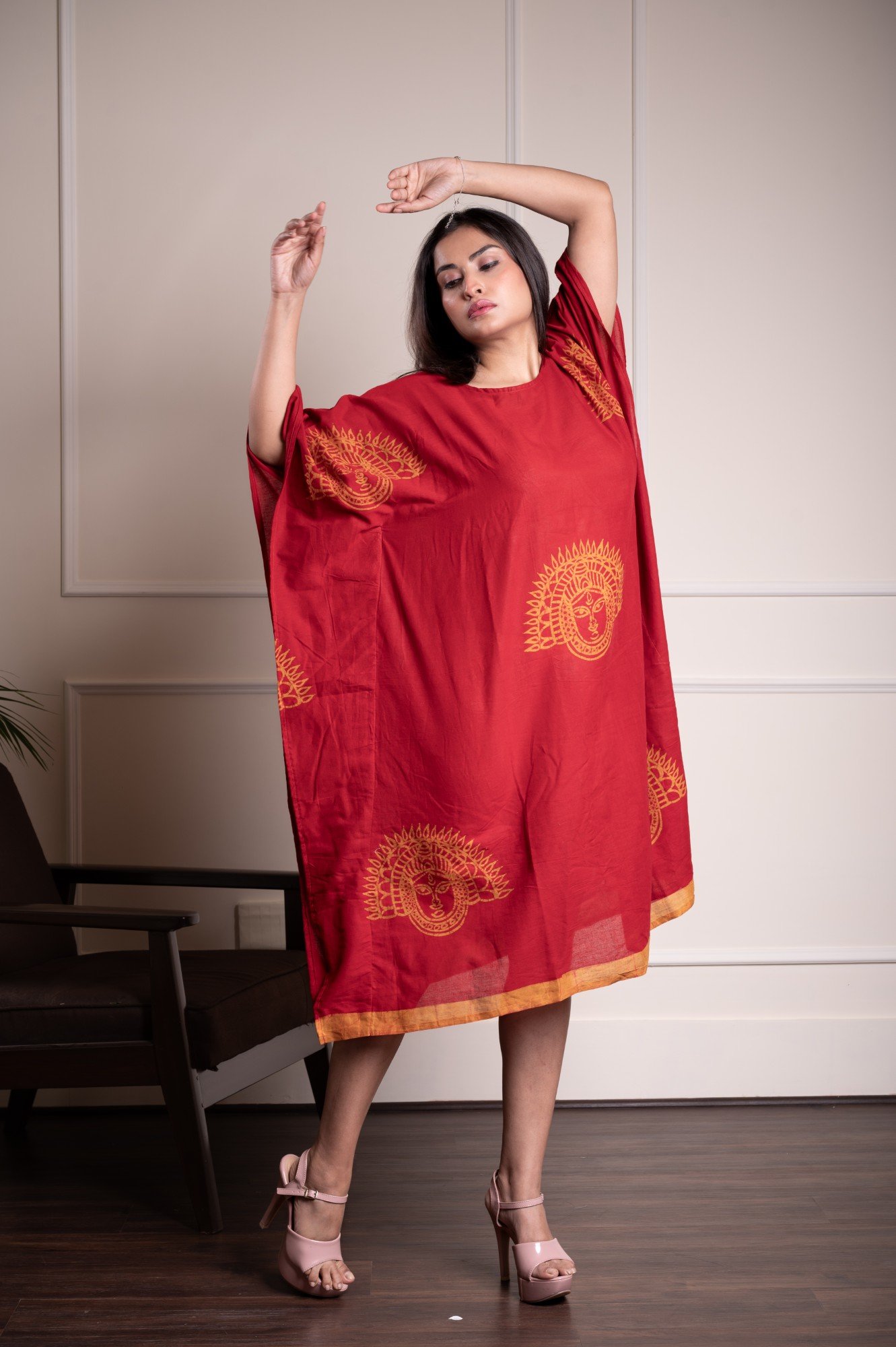 Red Chhau Masks Hand Batik Pure Cotton Kaftan - Image 4