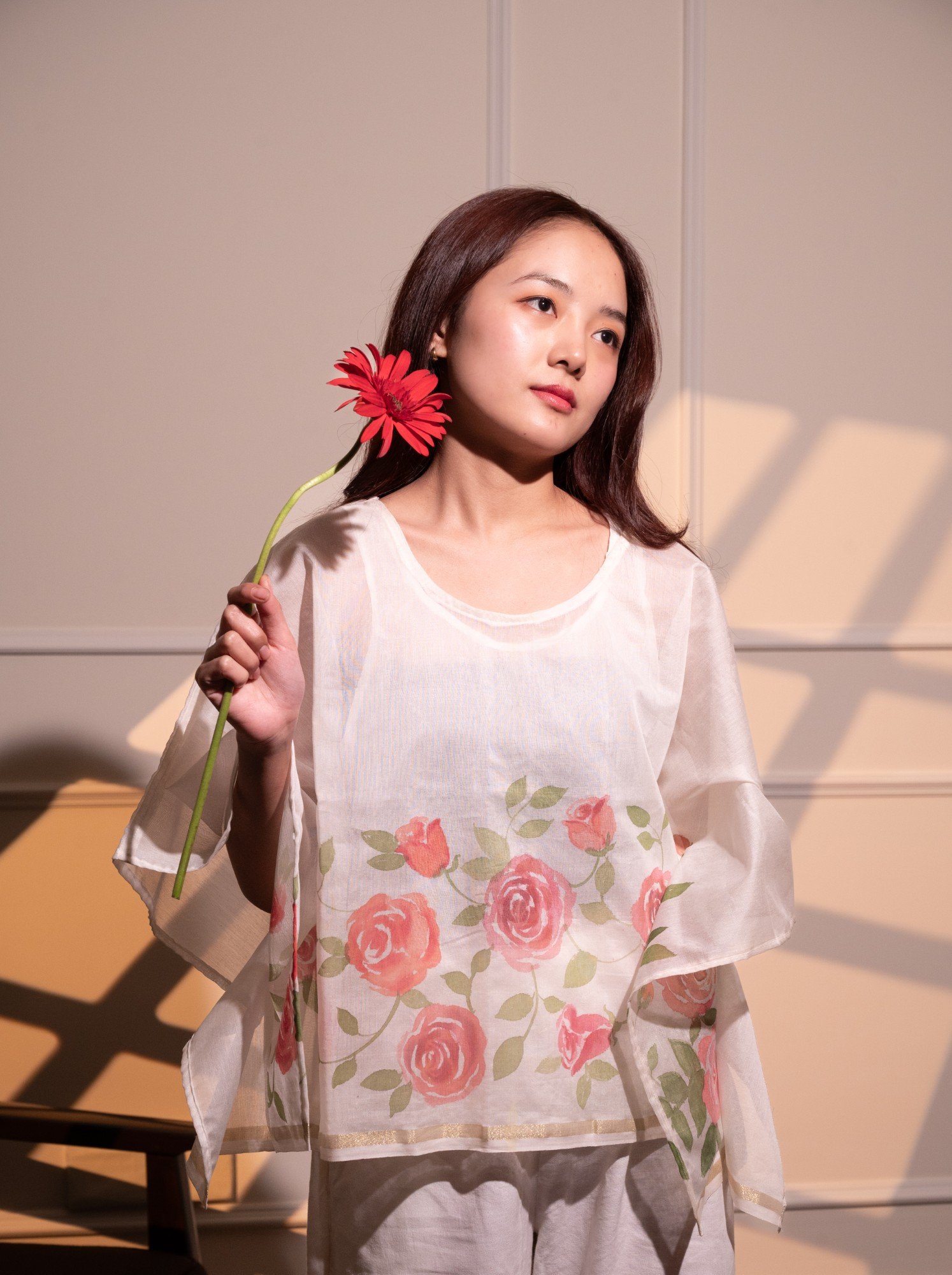 Roses Hand Painted Chanderi Kaftan Top - Image 2