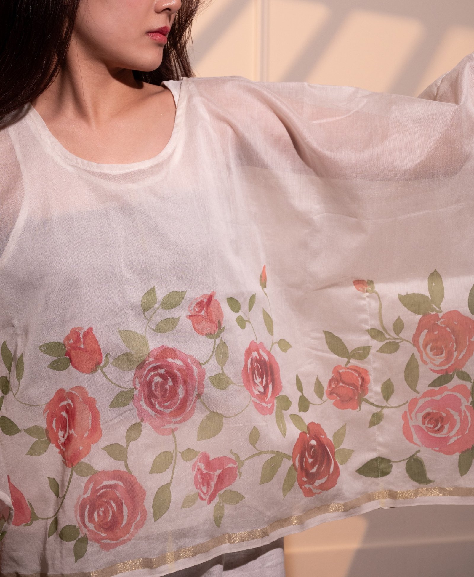 Roses Hand Painted Chanderi Kaftan Top - Image 3