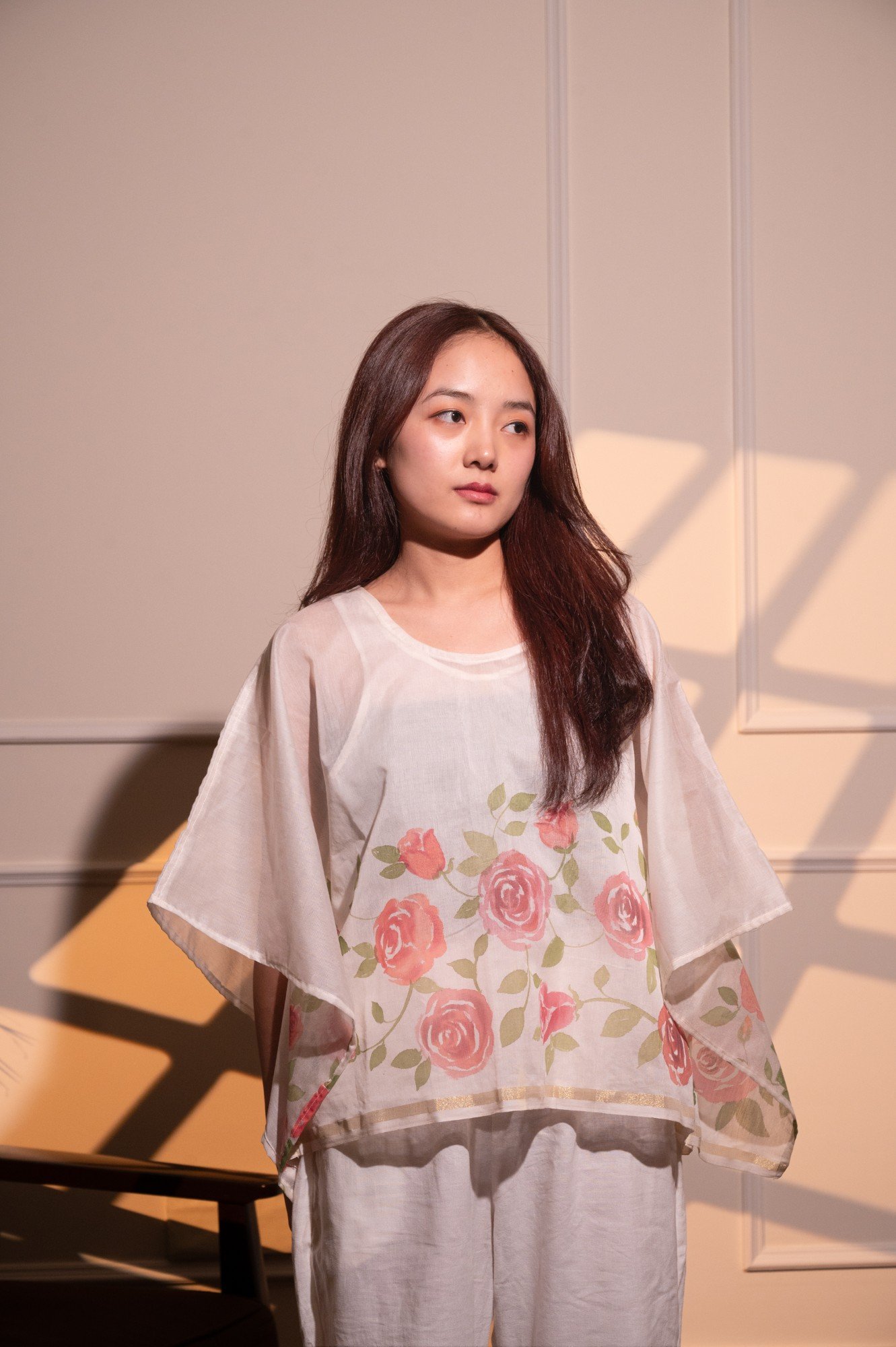 Roses Hand Painted Chanderi Kaftan Top - Image 5