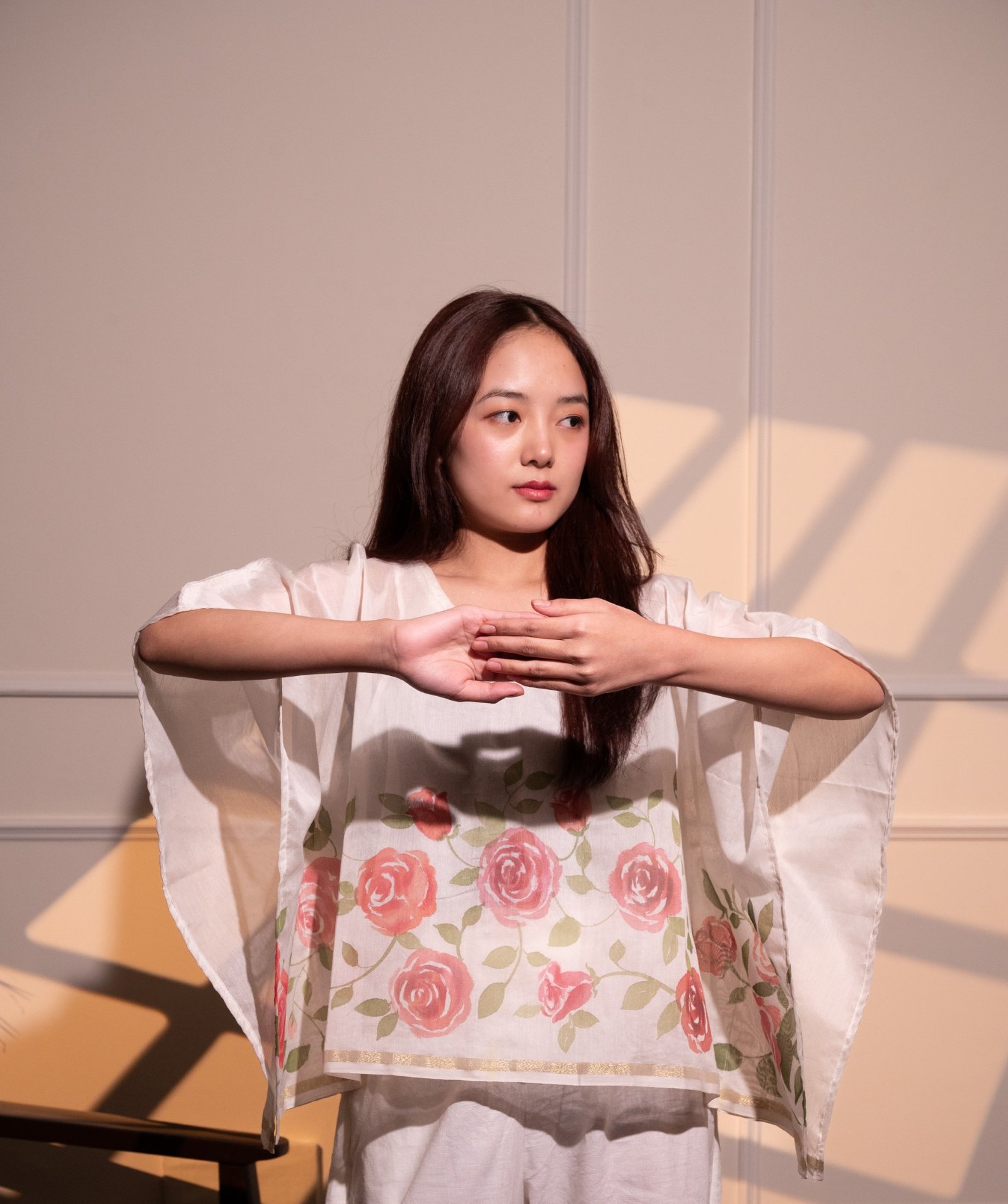 Roses Hand Painted Chanderi Kaftan Top - Image 6