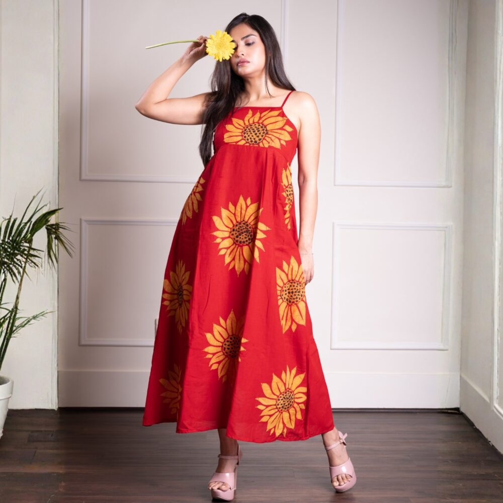 Sunflowers Hand Batik Pure Cotton Strappy Flare Dress