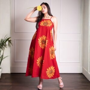 Sunflowers Hand Batik Pure Cotton Strappy Flare Dress
